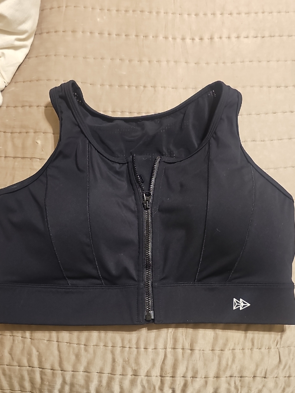 Yvette Black Front-Zip Sports Bra with Small Logo